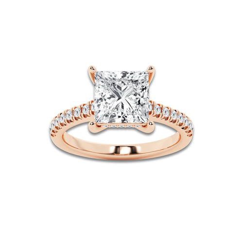 3.30 ctw Princess Lab-Grown Diamond Hidden Halo Side Stone Engagement Ring in 18K Rose Gold for Women | Colorless D, VVS1 Clarity, IGI Certified 3.00 ct Center Diamond