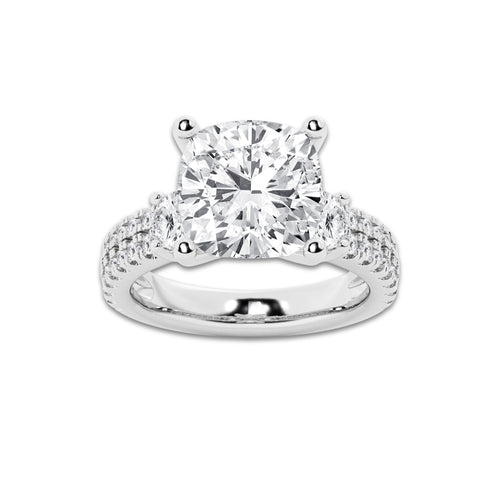 6.96 ctw Cushion Lab-Grown Diamond Three Stone Double Row Engagement Ring in Platinum for Women | D Color, VVS1 Clarity, IGI Certified 6.00 ct Center Diamond