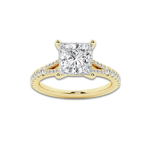 7.66 ctw Princess Lab-Grown Diamond Split Shank Side Stone Engagement Ring in 14K Yellow Gold for Women | Colorless D, VVS1 Clarity, IGI Certified 7.00 ct Center Diamond