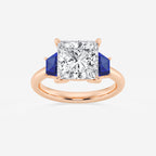 Camellia 4 ctw Princess Lab Grown Diamond and 5.5x3.3x2.2 mm Trapezoid Created Sapphire Three-Stone Ring 14K Rose Gold, E, VS1 | IGI Certified, 4 ct Center