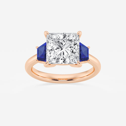 Camellia 4 ctw Princess Lab Grown Diamond and 5.5x3.3x2.2 mm Trapezoid Created Sapphire Three-Stone Ring 14K Rose Gold, E, VS1 | IGI Certified, 4 ct Center