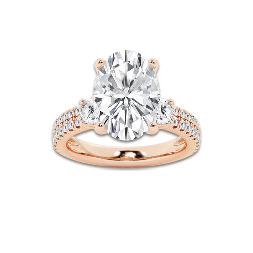 5.96 ctw Oval Lab-Grown Diamond Three Stone Double Row Engagement Ring in 14K Rose Gold for Women | E Color, VS1 Clarity, IGI Certified 5.00 ct Center Diamond