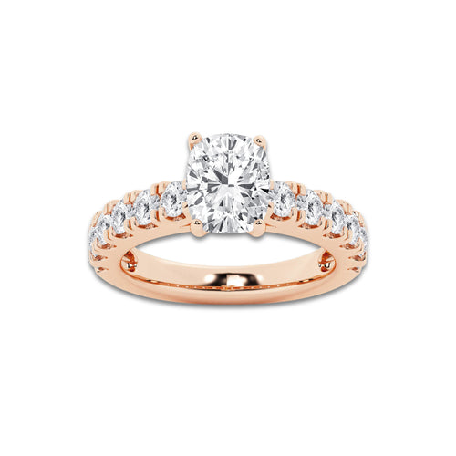 3.00 ctw Elongated Cushion Lab-Grown Diamond Split-Prong Set Side Stone Engagement Ring in 14K Rose Gold for Women | Colorless E, VS1 Clarity, IGI Certified 2.00 ct Center Diamond