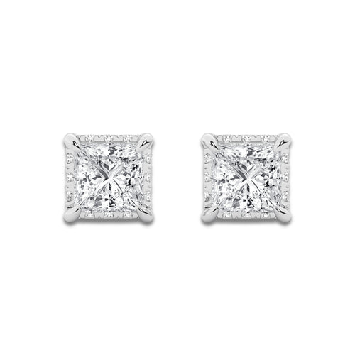4 ctw Princess Lab Grown Diamond Hidden Halo Stud Earrings 14K White Gold, G, VS1 | IGI Certified
