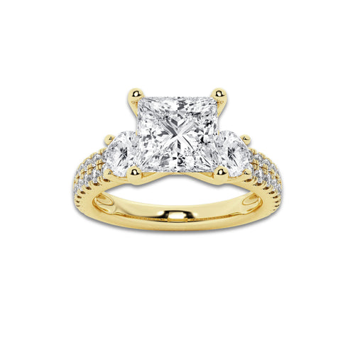 3.00 ctw Princess Lab-Grown Diamond Three Stone Double Row Engagement Ring in 14K Yellow Gold for Women | D Color, VVS1 Clarity, IGI Certified 2.00 ct Center Diamond