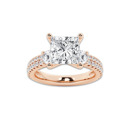 4.46 ctw Princess Lab-Grown Diamond Three Stone Double Row Engagement Ring in 14K Rose Gold for Women | D Color, VVS1 Clarity, IGI Certified 3.50 ct Center Diamond