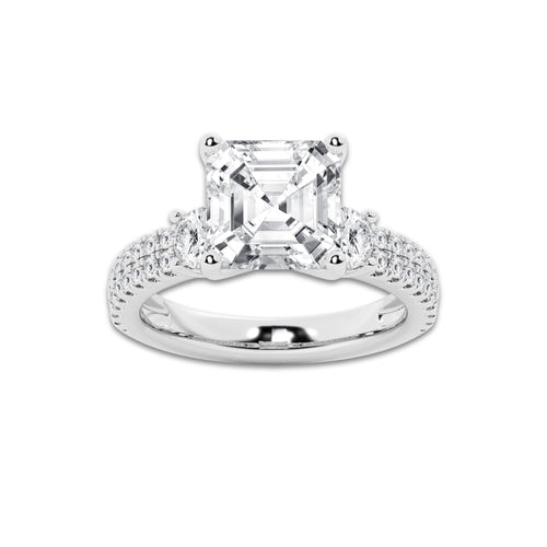 4.96 ctw Asscher Lab-Grown Diamond Three Stone Double Row Engagement Ring in 14K White Gold for Women | D Color, VVS1 Clarity, IGI Certified 4.00 ct Center Diamond