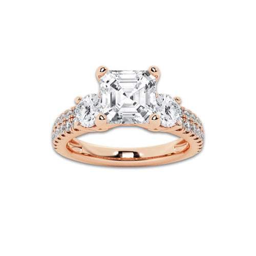 2.25 ctw Asscher Lab-Grown Diamond Three Stone Double Row Engagement Ring in 14K Rose Gold for Women | D Color, VVS1 Clarity, IGI Certified 1.50 ct Center Diamond
