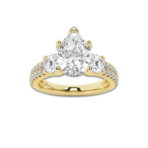 2.25 ctw Pear Lab-Grown Diamond Three Stone Double Row Engagement Ring in 14K Yellow Gold for Women | D Color, VVS1 Clarity, IGI Certified 1.50 ct Center Diamond