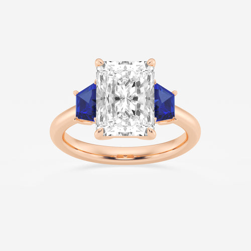 Camellia 4 ctw Radiant Lab Grown Diamond and 5.5x3.3x2.2 mm Trapezoid Created Sapphire Three-Stone Ring 14K Rose Gold, E, VS1 | IGI Certified, 4 ct Center