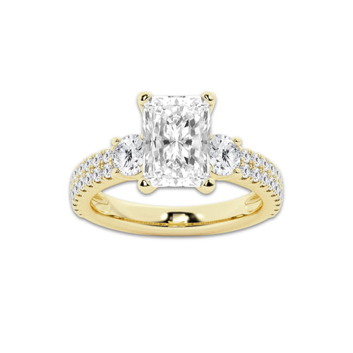 3.50 ctw Radiant Lab-Grown Diamond Three Stone Double Row Engagement Ring in 14K Yellow Gold for Women | E Color, VS1 Clarity, IGI Certified 2.50 ct Center Diamond