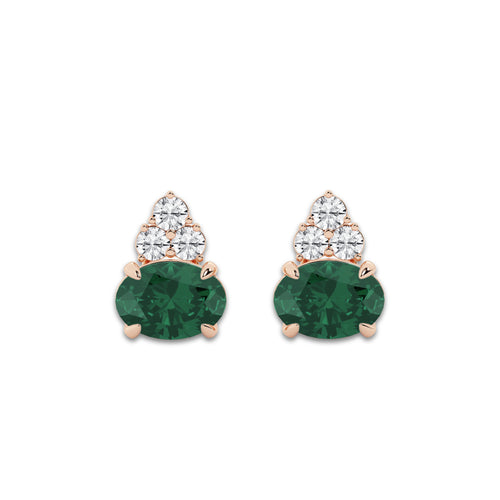 10.7x7.49mm East-West Oval Cut Created Emerald with 3/4 ctw Round Lab Grown Diamond Cluster Earrings 14K Rose Gold