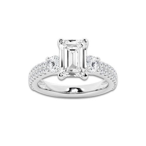 4.00 ctw Emerald Lab-Grown Diamond Three Stone Double Row Engagement Ring in 14K White Gold for Women | E Color, VS1 Clarity, IGI Certified 3.00 ct Center Diamond
