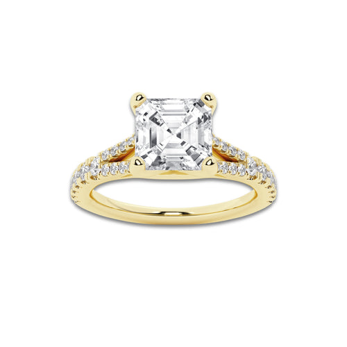 2.33 ctw Asscher Lab-Grown Diamond Split Shank Side Stone Engagement Ring in 14K Yellow Gold for Women | Colorless E, VS1 Clarity, IGI Certified 2.00 ct Center Diamond