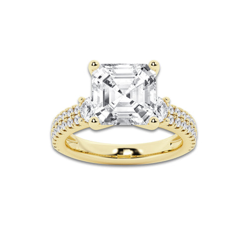 5.96 ctw Asscher Lab-Grown Diamond Three Stone Double Row Engagement Ring in 14K Yellow Gold for Women | D Color, VVS1 Clarity, IGI Certified 5.00 ct Center Diamond