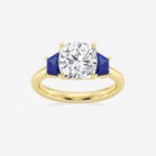 Camellia 3 ctw Cushion Lab Grown Diamond and 5.5x3.3x2.2 mm Trapezoid Created Sapphire Three-Stone Ring 14K Yellow Gold, E, VS1 | IGI Certified, 3 ct Center