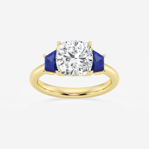 Camellia 3 ctw Cushion Lab Grown Diamond and 5.5x3.3x2.2 mm Trapezoid Created Sapphire Three-Stone Ring 14K Yellow Gold, E, VS1 | IGI Certified, 3 ct Center