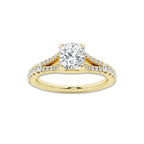 1.08 ctw Cushion Lab-Grown Diamond Split Shank Side Stone Engagement Ring in 14K Yellow Gold for Women | Colorless E, VS1 Clarity, IGI Certified 0.75 ct Center Diamond
