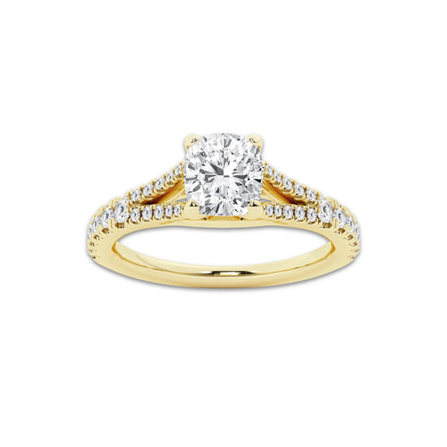 1.08 ctw Cushion Lab-Grown Diamond Split Shank Side Stone Engagement Ring in 14K Yellow Gold for Women | Colorless E, VS1 Clarity, IGI Certified 0.75 ct Center Diamond