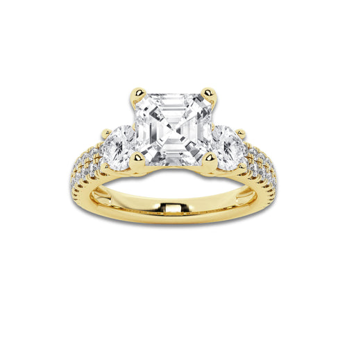 3.00 ctw Asscher Lab-Grown Diamond Three Stone Double Row Engagement Ring in 14K Yellow Gold for Women | E Color, VS1 Clarity, IGI Certified 2.00 ct Center Diamond