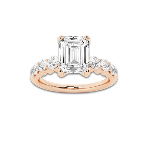 2.54 Ct Emerald Lab-Grown Diamond Half Eternity Engagement Ring in 14K Rose Gold for Female, Colorless (E), VS1 Clarity | IGI Certified, 2.00 Ct Center Diamond