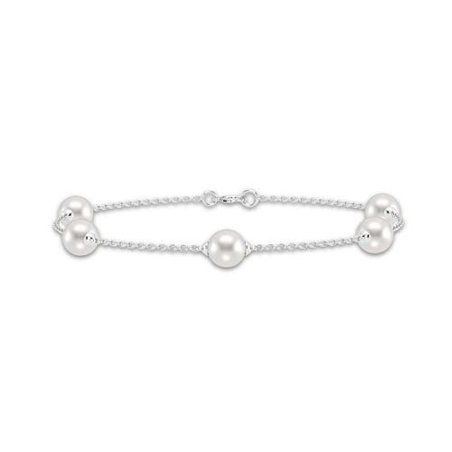 5.5 - 6.0 mm Cultured Freshwater Pearl Station Chain Bracelet - 7 Inches 14K White Gold