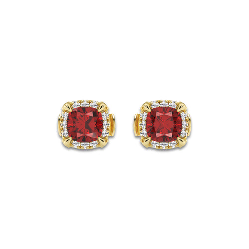 7.0X7.0 mm Cushion Cut Created Ruby and 1/3 ctw Round Lab Grown Diamond Shadow Halo Stud Earrings 14K Yellow Gold