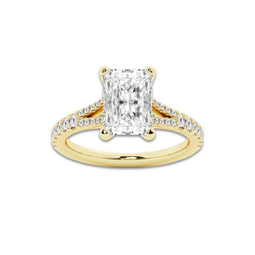 2.83 ctw Radiant Lab-Grown Diamond Split Shank Side Stone Engagement Ring in 14K Yellow Gold for Women | Colorless E, VS1 Clarity, IGI Certified 2.50 ct Center Diamond