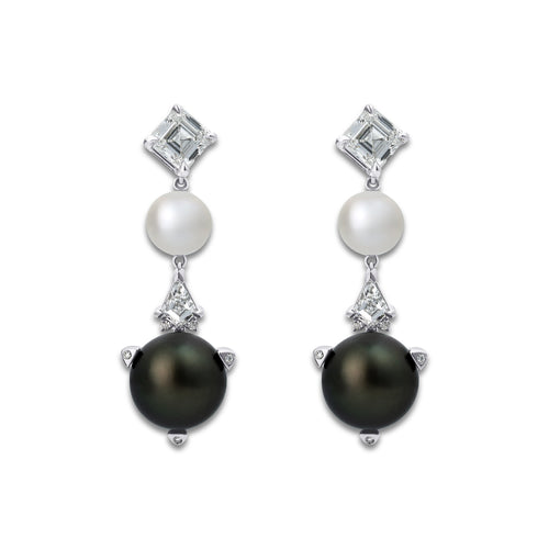 12 mm Tahitian & 8 mm Freshwater Pearl with 3 3/4 ctw Lab Grown Diamond Dangle Earrings 14K White Gold, Tahitian