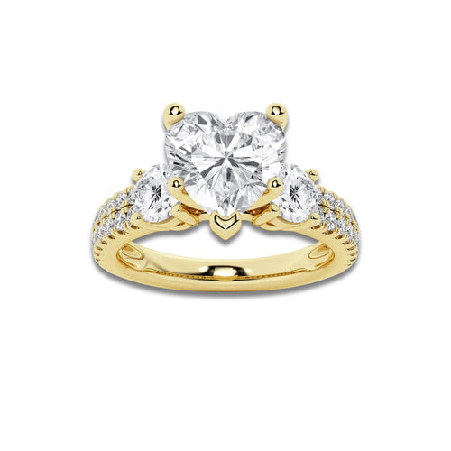 2.25 ctw Heart Lab-Grown Diamond Three Stone Double Row Engagement Ring in 14K Yellow Gold for Women | D Color, VVS1 Clarity, IGI Certified 1.50 ct Center Diamond
