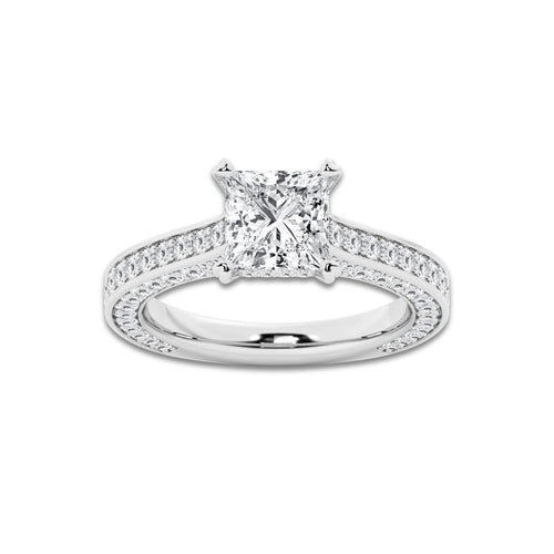 Kelly 3 ctw Princess Lab Grown Diamond Pave Profile Side Stone Engagement Ring 14K White Gold, E, VS1 | IGI Certified, 2 ct Center