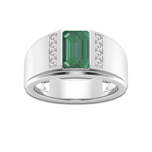 9 x 6 mm Radiant Cut Created Emerald and 1/6 ctw Round Lab Grown Diamond Side Stones Engagement Ring 14K White Gold
