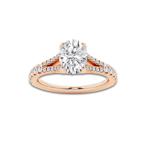 1.08 ctw Oval Lab-Grown Diamond Split Shank Side Stone Engagement Ring in 14K Rose Gold for Women | Colorless E, VS1 Clarity, IGI Certified 0.75 ct Center Diamond