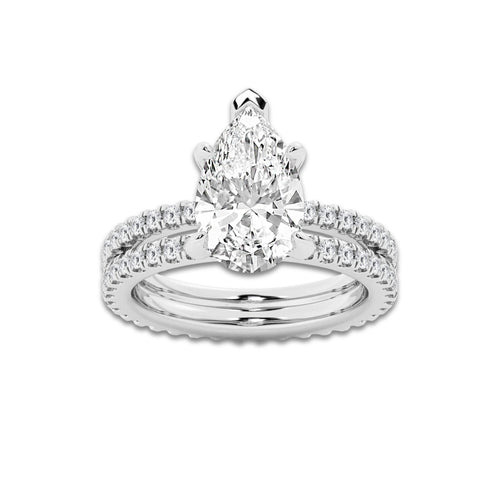 3.89 ctw Pear Lab-Grown Diamond Double Row Diamond Engagement Ring in 14K White Gold for Women | Colorless D, VVS1 Clarity, IGI Certified 3.00 ct Center Diamond