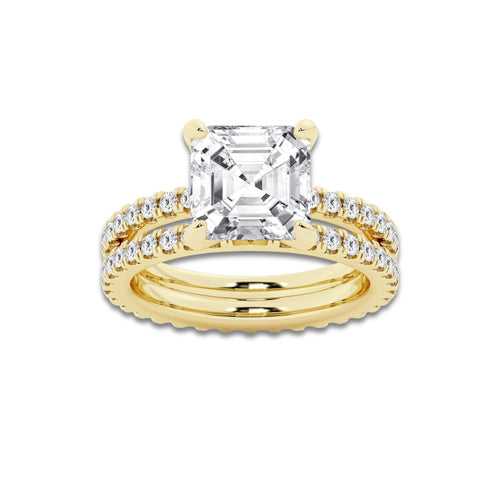 5.22 ctw Asscher Lab-Grown Diamond Double Row Diamond Engagement Ring in 14K Yellow Gold for Women | Colorless E, VS1 Clarity, IGI Certified 4.00 ct Center Diamond
