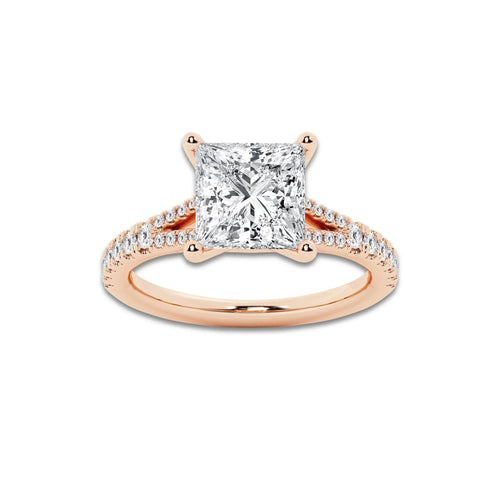 7.66 ctw Princess Lab-Grown Diamond Split Shank Side Stone Engagement Ring in 14K Rose Gold for Women | Colorless E, VS1 Clarity, IGI Certified 7.00 ct Center Diamond