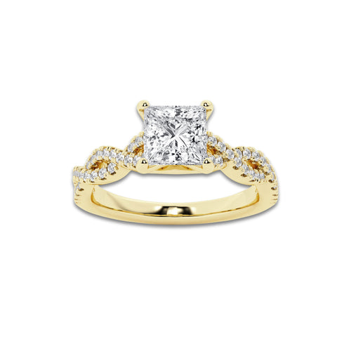 1.00 ctw Princess Lab-Grown Diamond Twisted Shank Engagement Ring in 14K Yellow Gold for Women | E Color, VS1 Clarity, Not Certified 0.75 ct Center Diamond