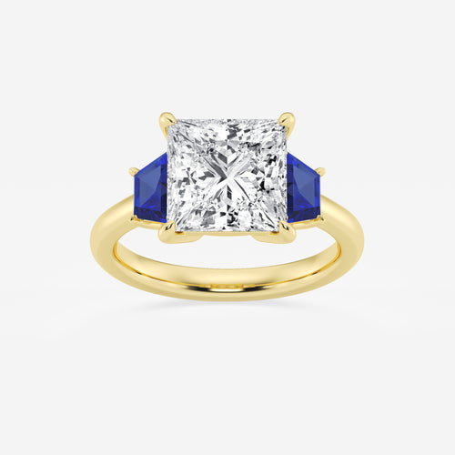 Camellia 4 ctw Princess Lab Grown Diamond and 5.5x3.3x2.2 mm Trapezoid Created Sapphire Three-Stone Ring 14K Yellow Gold, E, VS1 | IGI Certified, 4 ct Center