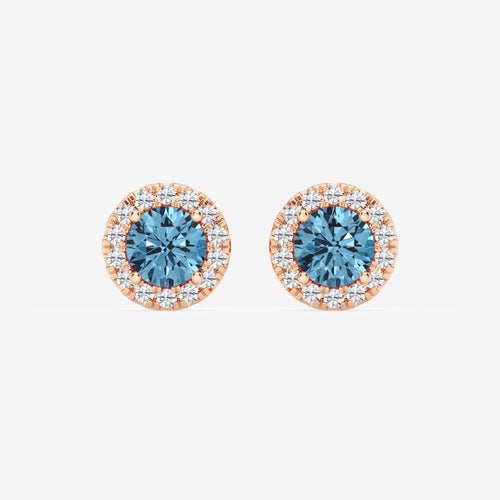 1 1/2 ctw Round Lab Grown Diamond Fancy Blue Halo Stud Earrings 14K Rose Gold, Fancy Blue, SI1