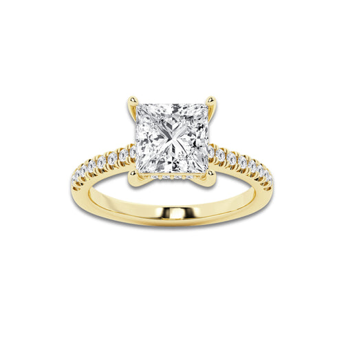 2.78 ctw Princess Lab-Grown Diamond Hidden Halo Side Stone Engagement Ring in 18K Yellow Gold for Women | Colorless D, VVS1 Clarity, IGI Certified 2.50 ct Center Diamond