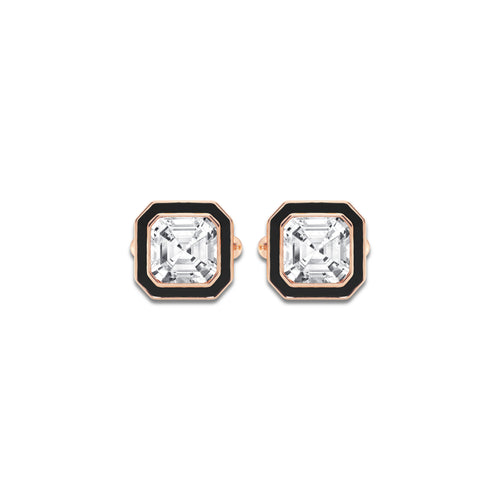 14 ctw Asscher Lab Grown Diamond Black Enamel Cufflinks 14K Rose Gold, E, VS1 | IGI Certified