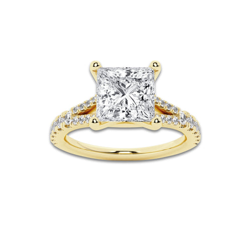 2.33 ctw Princess Lab-Grown Diamond Split Shank Side Stone Engagement Ring in 14K Yellow Gold for Women | Colorless E, VS1 Clarity, IGI Certified 2.00 ct Center Diamond
