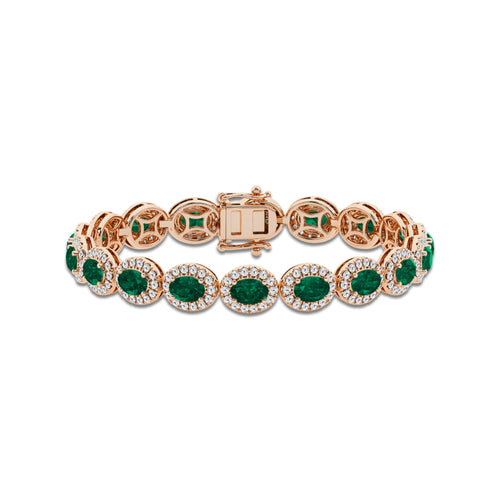 8 1/2 Oval Cut Created Emerald and Round Lab Grown Diamond Bracelet - 7 Inches 14K Rose Gold