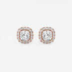 1 1/5 ctw Cushion Lab Grown Diamond Halo Stud Earrings 14K Rose Gold, E, VS1
