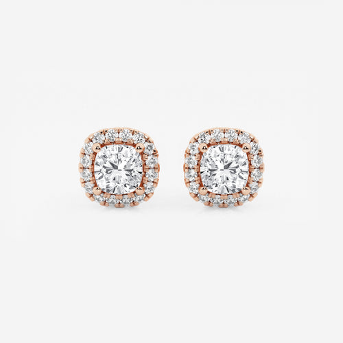 1 1/5 ctw Cushion Lab Grown Diamond Halo Stud Earrings 14K Rose Gold, E, VS1