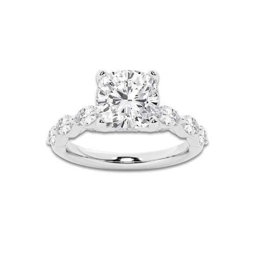 2.53 ctw Cushion Lab-Grown Diamond Marquise Side Stone Engagement Ring in 14K White Gold for Women | Colorless D, VVS1 Clarity, IGI Certified 2.00 ct Center Diamond