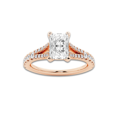 1.33 ctw Radiant Lab-Grown Diamond Split Shank Side Stone Engagement Ring in 14K Rose Gold for Women | Colorless E, VS1 Clarity, IGI Certified 1.00 ct Center Diamond