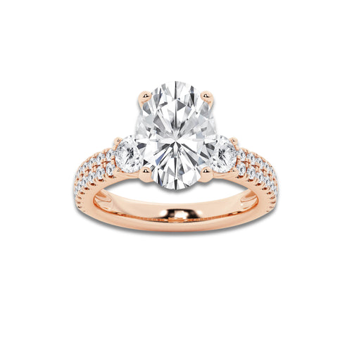 4.46 ctw Oval Lab-Grown Diamond Three Stone Double Row Engagement Ring in 14K Rose Gold for Women | D Color, VVS1 Clarity, IGI Certified 3.50 ct Center Diamond
