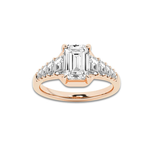 Zinnia 2 7/8 ctw Emerald Lab Grown Diamond with Trapezoid Side Stone Engagement Ring 14K Rose Gold, D, VVS | Certified, 2 ct Center