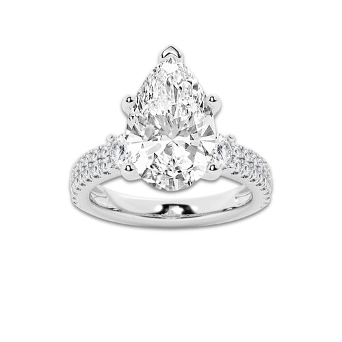 5.96 ctw Pear Lab-Grown Diamond Three Stone Double Row Engagement Ring in 14K White Gold for Women | D Color, VVS1 Clarity, IGI Certified 5.00 ct Center Diamond